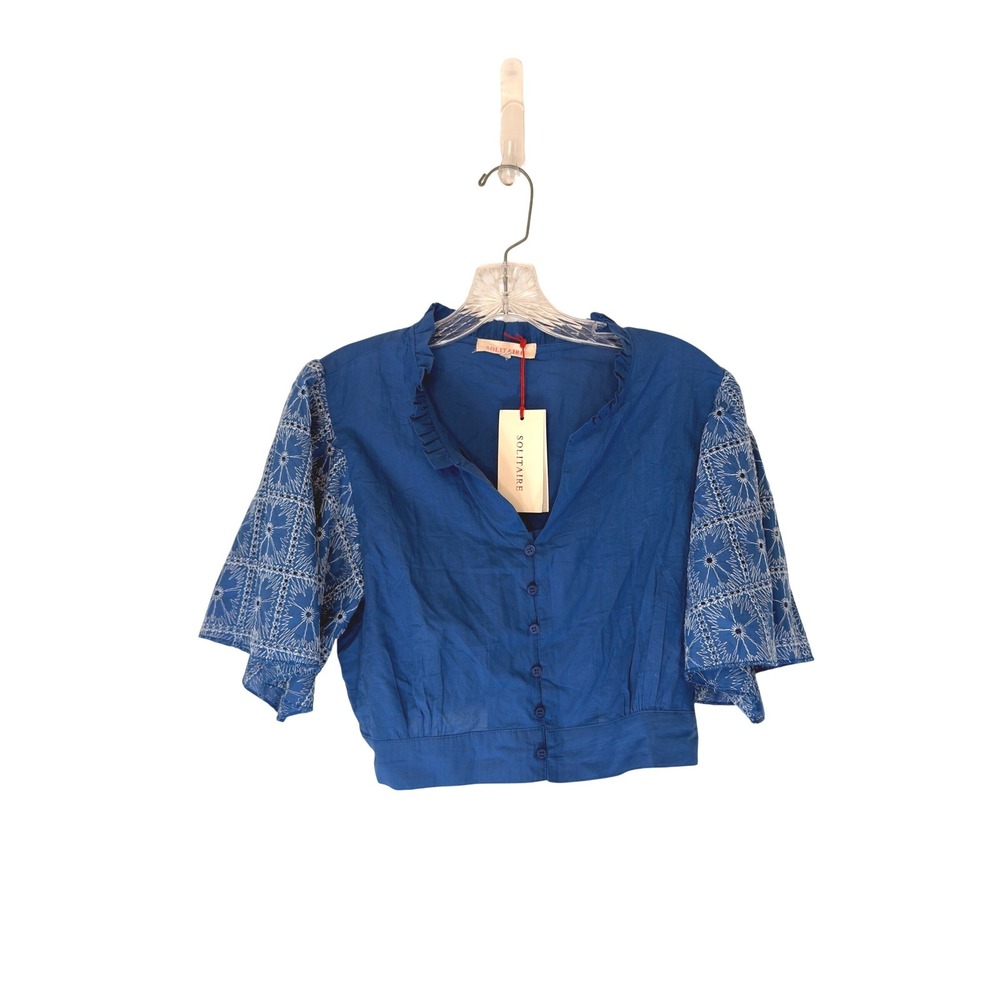 Solitaire Crop Top Blouse Button Down V-Neck Ruffle Puff Sleeve Casual Medium